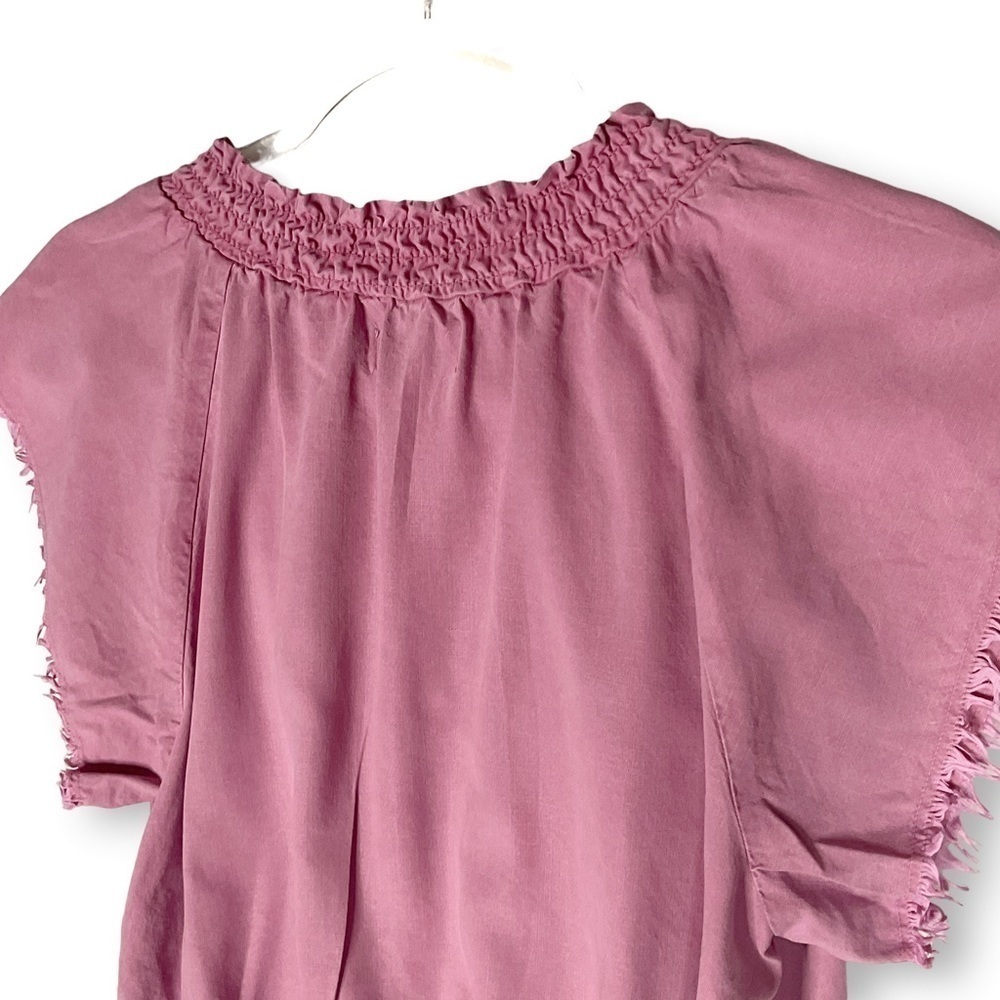 Cloth & Stone Smocked Top Sz S V Neck Frayed Sleeve Boho Feminine Pink - Picture 8 of 10